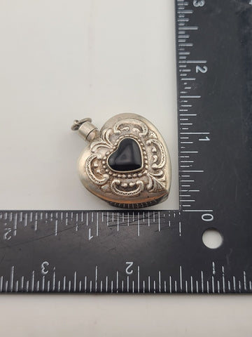 Antique 19th C Sterling Silver Pefume Bottle Heart Pendant Black Stone Inlay