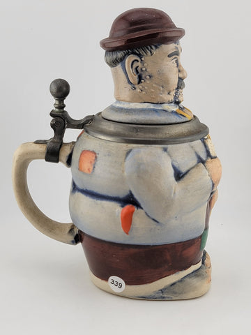 Rare Antique Westerwald Figuren-Bierkrug Lidded Beer stein Hikers With Grain
