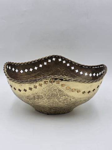 Large Antique Hand Hammered Brass Pierced Floral Bowl Jardiniere Rope Rim