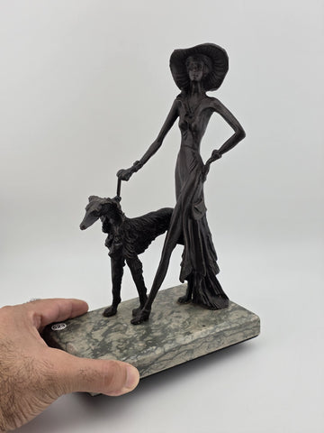 Rare 1930's Art Deco French Bronze Sculpture of Lady Walking Her Greyhound Dog.