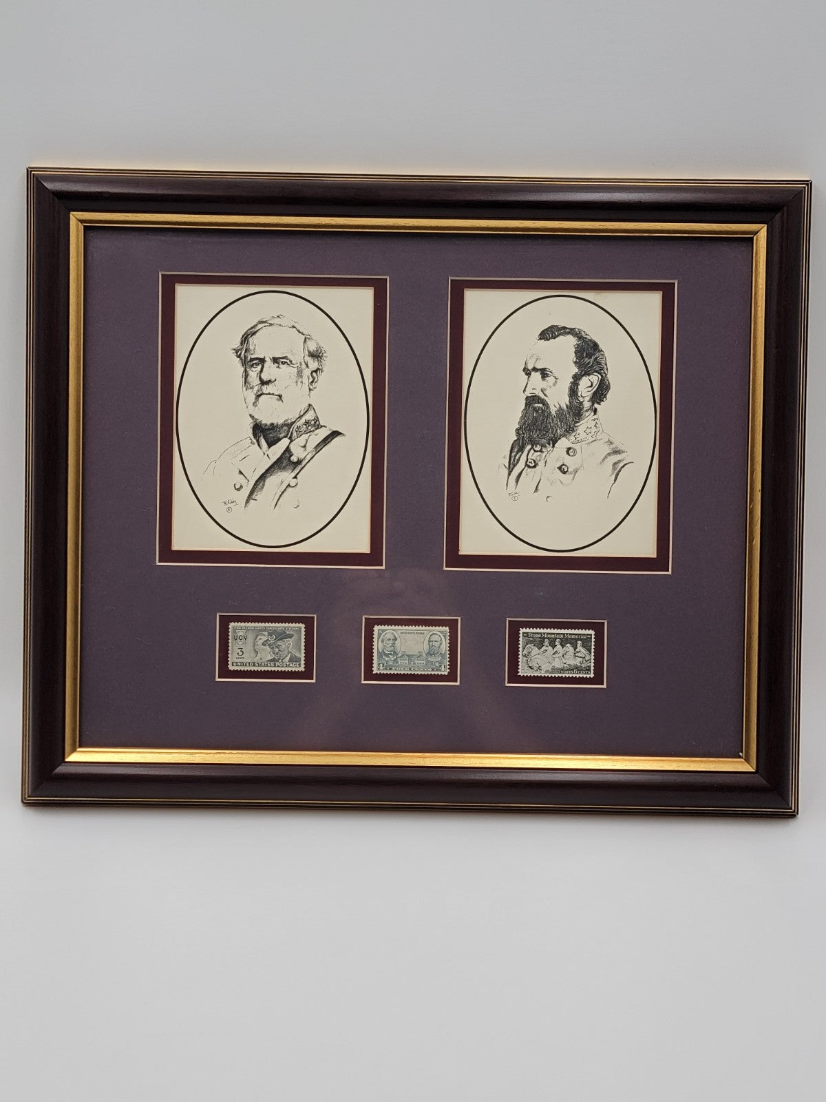Framed Lee and Jackson Portraits with 1937 Lee/Jackson 4cent Stamp - 13" x 16"
