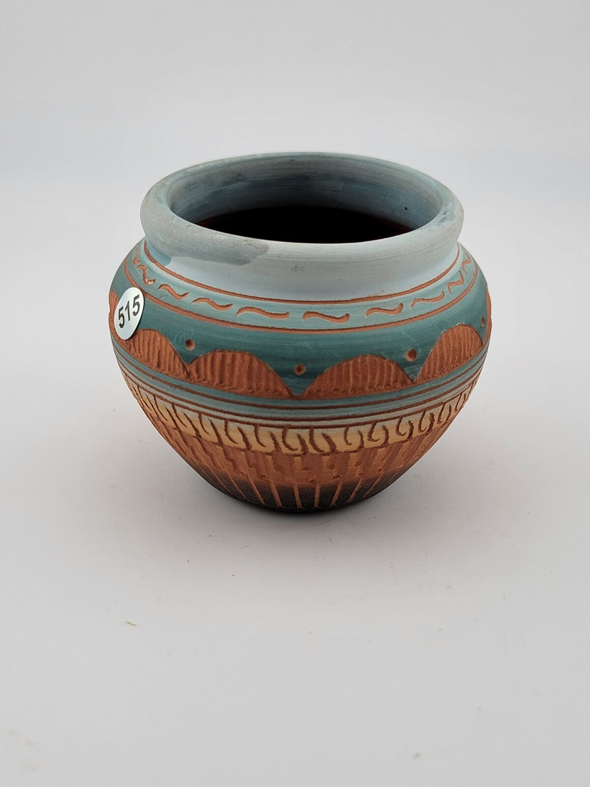 NAVAJO ENGRAVED RED CLAY POTTERY, GLAZED INSIDE VASE. *SIGNED T. TOM DINI "2000"