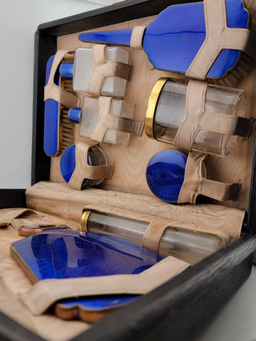 Antique Hard Cased Blue Enameled 1930s Vanity Set. Extremely Rare. VG Condition