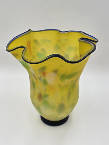 Vtg Azerbaijan Handblown Art Glass Vase Yellow Freeform Cobalt Rim Studio 11.5in