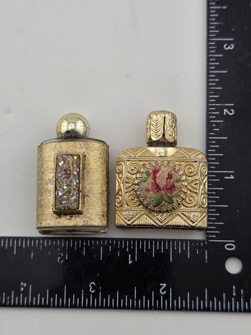 Rare Antique 1950's Mini Perfume Bottles Floral Needlepoint & Gold Tone MCM Lot