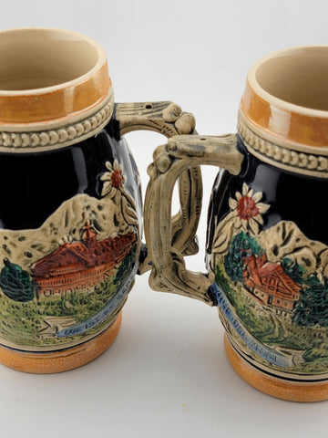 Lot Of 2 Vintage Hand Painted Ceramic West German Beer Stein. Bavaria Scene.