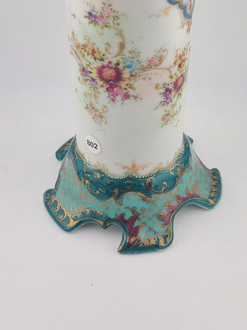 Antique 1920's OCO Japan Vase Turquoise Gold Floral Pedestal Spill Cabinet 9.5"