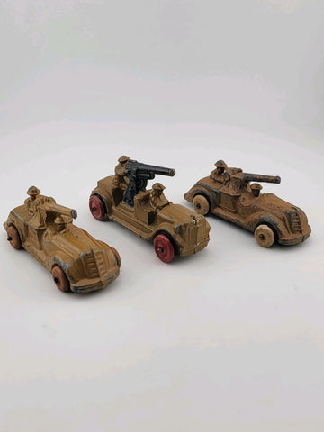 Rare Set Of 3 Antique 1930's Barclay Manoil Armored Cars & Anti-Tank Gun Cars.