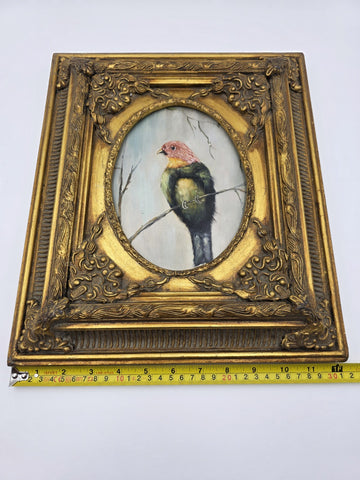 Antique Gilt Baroque Style Wood Framed Bird Painting On Wooden Oval Panel Decor.