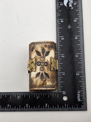 Antique Camel Bone Brass Cut Out Jewelry Trinket Box With Blue Felt Lining