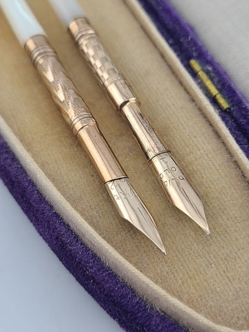 Antique 1890's Victorian Mother of Pearl Dip Pen Set 10K Solid Gold  Nibs W Case