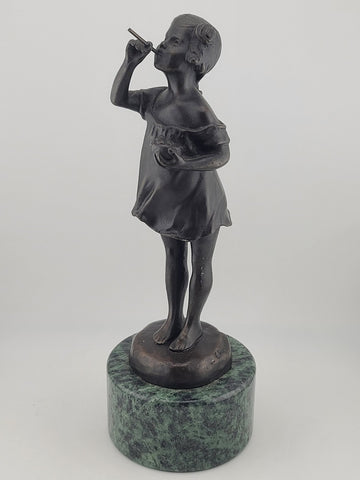 Vintage Bronze Sculpture by Suzanne Crizaro “Girl Blowing Bubbles” Marble Stand