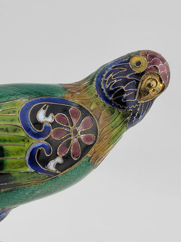 RARE BEAUTIFULLY COLORED CLOISONNE BIRD (PARAKEET) W WOODEN STAND. 7 Inch Wide.