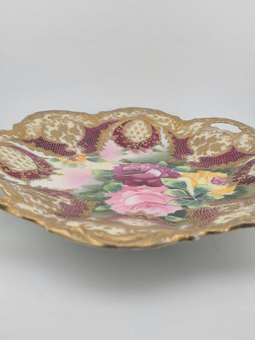 Antique Royal Kinran Nippon HandPainted Platter Moriage Pink Yellow Rose Gold