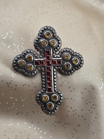 Vintage 8.45ctw Gemstone Cross Pendant 925 Sterling Silver Citrine Garnet Brooch