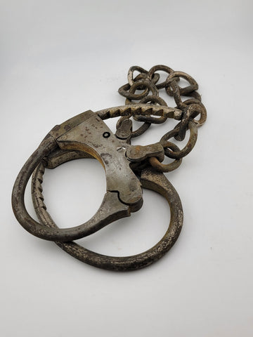 Rare Antique Late 19th C Pair Of Original Mattatuck Co. USA Handcuffs. No Key.