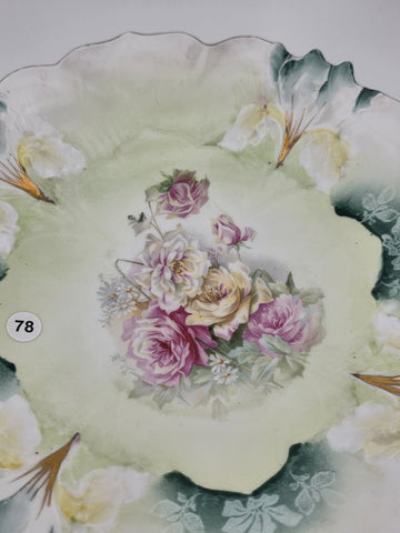 Antique R.S. PRUSSIA RED MARK PORCELAIN Plate w/ ROSES DECORATION & 2 HANDLES