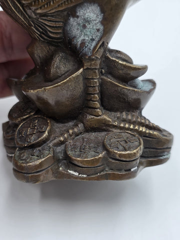 Pair Antique Chinese Bronze Rooster Hen Chicken Figures Qianlong Mark Auspicious