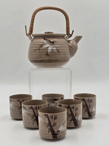 Vintage Japanese Ceramic Tea Set Bamboo Motif Teapot & 6 Cups Stoneware. VG Cond