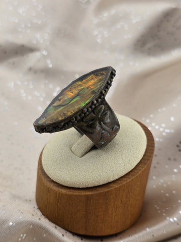 Vintage ABALONE RING OFFSET MARQUIS SILVERTONE 4 LEAF CLOVERS ON BAND SIZE 7