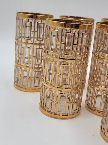 8 Vintage Mid Century Imperial Glass 22k Gold Shoji Trellis Highball Tumblers