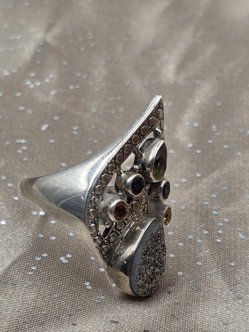 Nicky Butler Sterling Silver Ring Druzy Quartz Gemstones Signed NB India Size 10