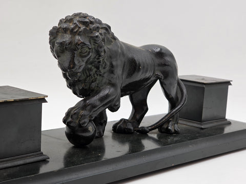 19th C Victorian Cast Iron Lion Double Inkwell Desk Set Antique Black Japanned.