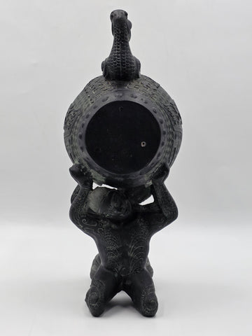 Antique Old China Bronze Ware Dynasty Dragon Head Kneel People Drum Statue 15 in