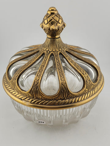 Antique Hand Blown Bubble Glass & Brass Lidded Bowl Container. Read Description.