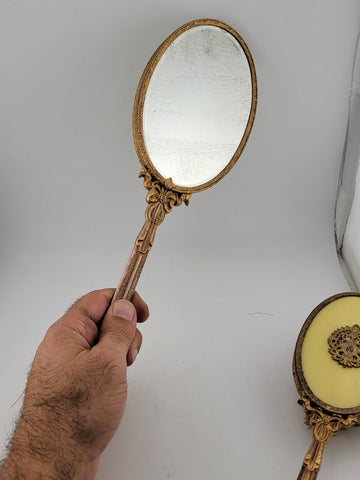 ANTIQUE 19th C Victorian 2-PIECE HANDHELD BRASS MIRROR & BRUSH SET Yellow Enamel