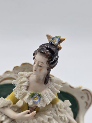 Vintage Dresden Lace Porcelain Lady Figurine Seated On Settee Sofa Germany 1078