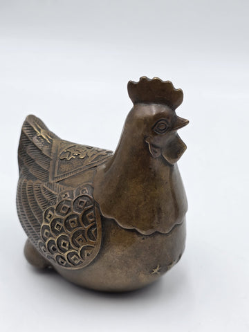 Pair Antique Chinese Bronze Rooster Hen Chicken Figures Qianlong Mark Auspicious