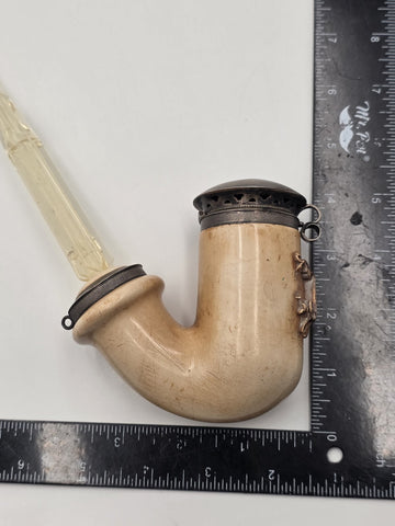 Antique Meerschaum Tobacco Pipe Long Amber Stem Silver Tone Wind Cap Monogram