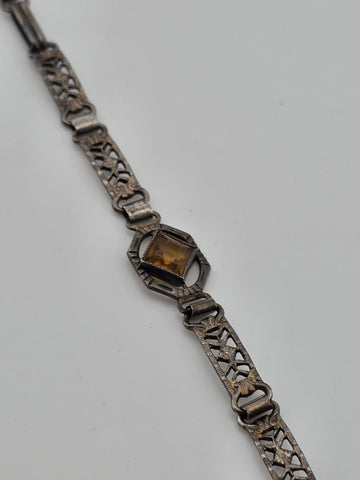 Antique 1920's Art Deco Sterling Silver Amber Glass Filigree Bracelet. 6.25 In.