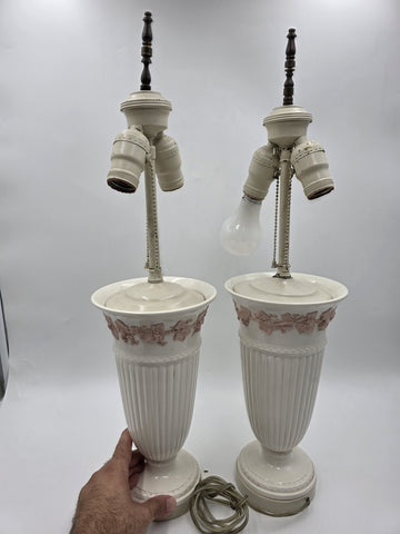 Pair Wedgwood Queensware Jasperware Cream Pink Grapevine Relief Table Lamps 24"
