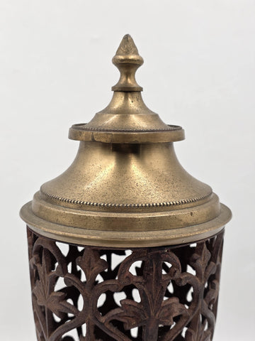 Rare Antique Solid Brass/Cast Iron Two-Tone Lidded Filigree Cut Decorative Urn