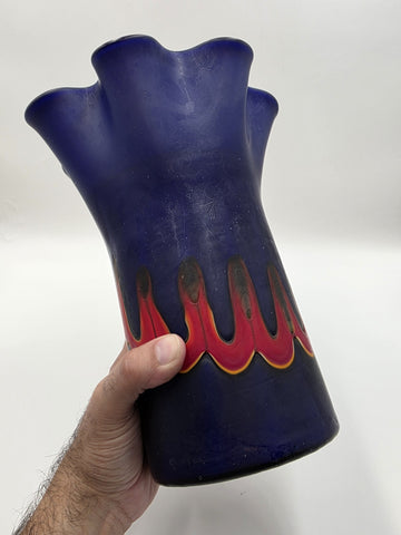 Vtg Azerbaijan Hand-Blown Art Glass Vase 13” Cobalt Red Flame Design Ruffled Top
