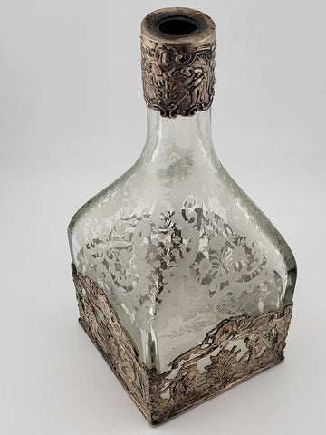 Rare 19th C German Hanau 800 Silver & Etched Crystal Stork & Sinsheimer Decanter
