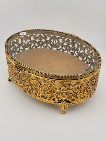 Vintage 1950s Hollywood Regency Ormolu Jewelry Casket Beveled Glass Filigree Box