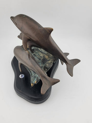 Vintage SPI Three Bronze Dolphin  Leaping Sculpture Figurine Signed  Marble Base