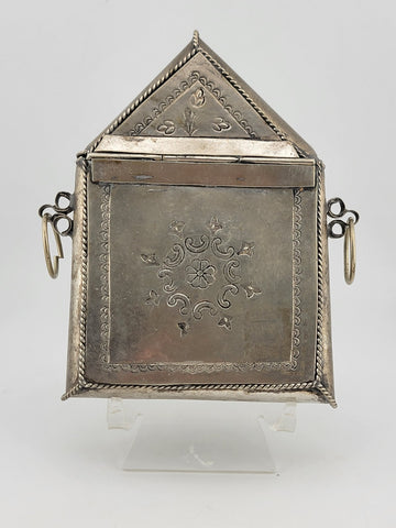 Rare Antique Engraved Quran Holder Box Ornate Koran Silver Case w Chain Handle.