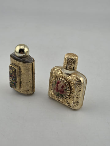 Rare Antique 1950's Mini Perfume Bottles Floral Needlepoint & Gold Tone MCM Lot