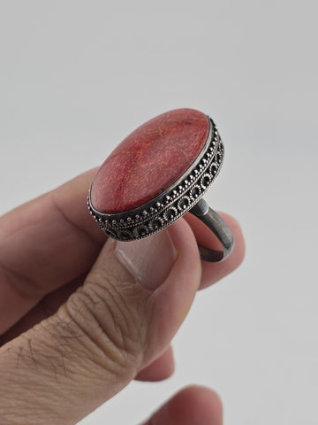 ANTIQUE 1940'S STERLING SILVER NATURAL RED CORAL BRACELET & RING SET HANDCRAFTED