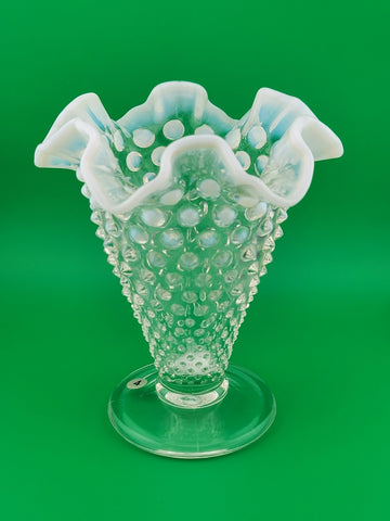 Vintage Fenton Hobnail Pearlized Wavy Edge Glass Footed Vase 5.75"