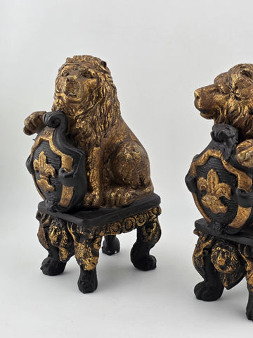 Pair Antique Carved Wood Heraldic Lions Bookends Fleur-de-Lis Shield Gold &Black