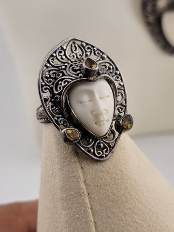 Sterling Silver Bali Goddess Moon Face Ruby Butterfly Pendant, Ring, Necklace