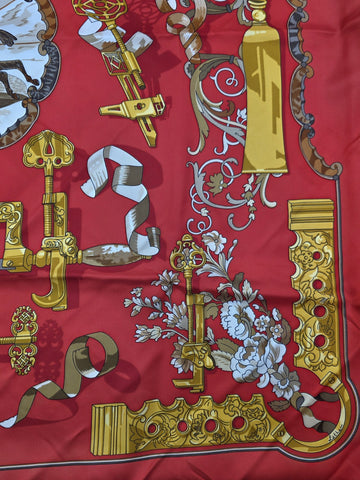 Vintage Authentic HERMES Paris 90 cm “Copeaux” Red Gold 100% Silk Scarf W Box.