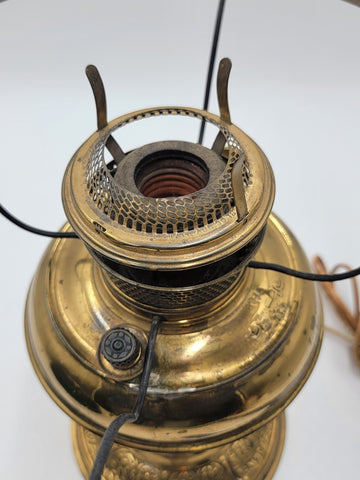 Antique Converted Holmes Booth & Haydens Brass Oil Lamp Ribbed Cased Green Shade