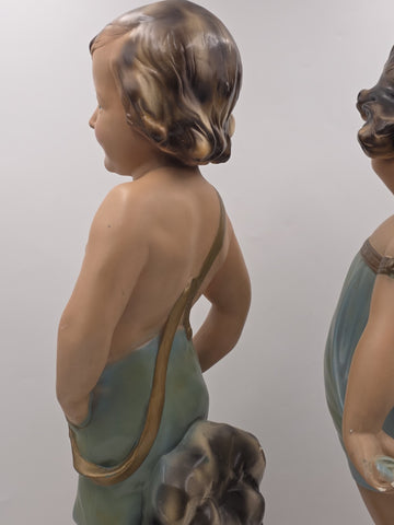 Paor huge 1920 French Art Deco Chalkware polychrome boy & girl figurine statues