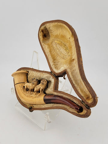 Antique 19th C 4 Pugs Meerschaum Pipe/ Cig. Holder W Amber Stem. Original Case.